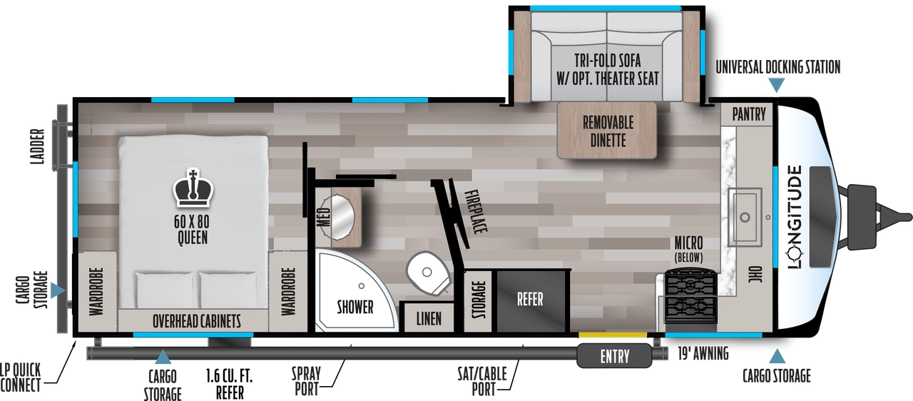 The 230FK has one slideout and one entry. Exterior features cargo storage, universal docking station, 19 foot awning, satellite/cable port, spray port, refrigerator, LP quick connect, and rear ladder. Interior layout front to back: front pantry, kitchen counter with sink, and overhead cabinet wrap to door side with microwave and cooktop with air fryer below; off-door side slideout with tri-fold sofa and removable dinette (theater seat optional); door side entry, refrigerator and storage; TV and fireplace along angled interior wall; door side full bathroom with linen closet and medicine cabinet; rear bedroom with door side queen bed with overhead cabinets and wardrobes on each side.